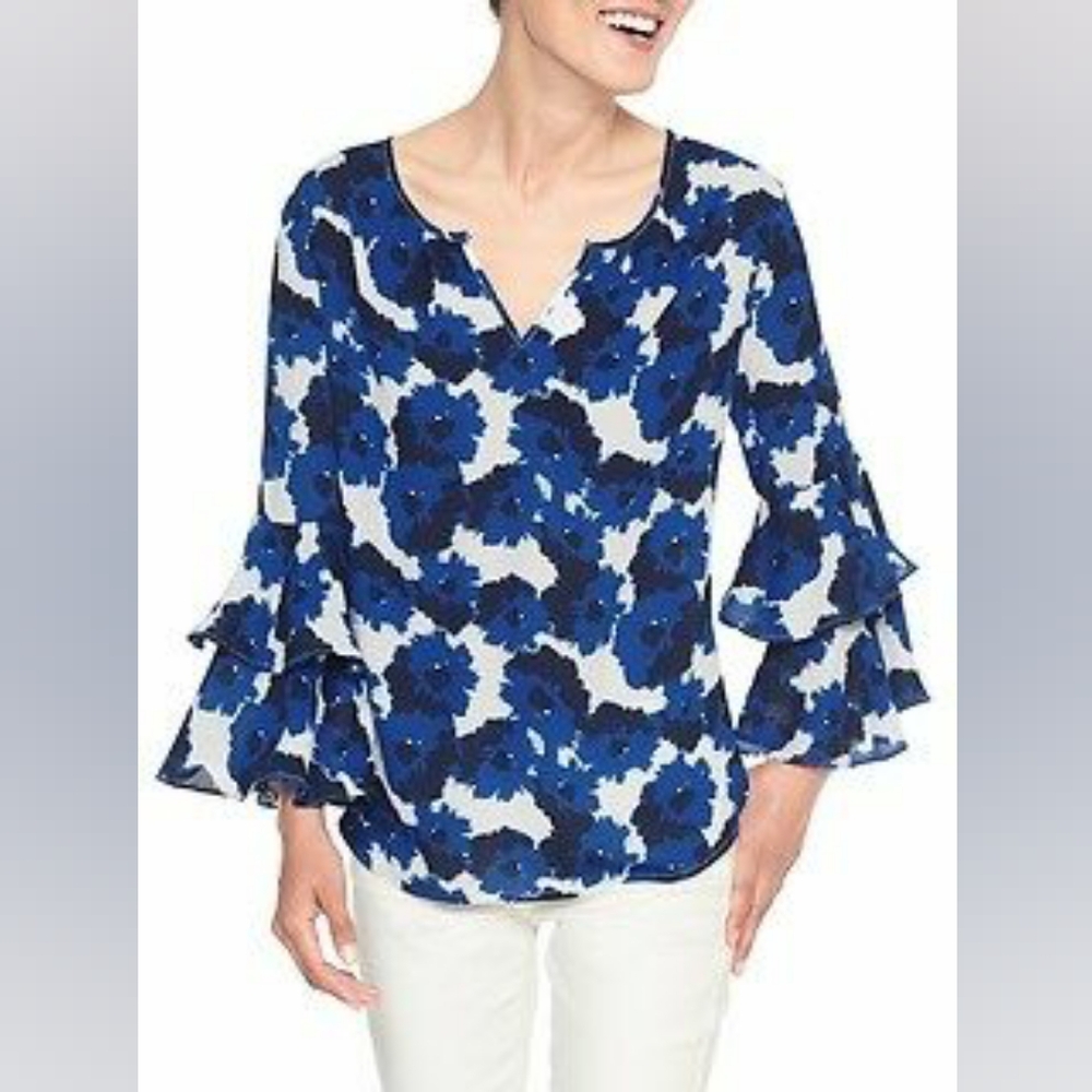 ⚪2/$20 Banana Republic Factory Blue Floral Ruffle Bell Sleeve Blouse